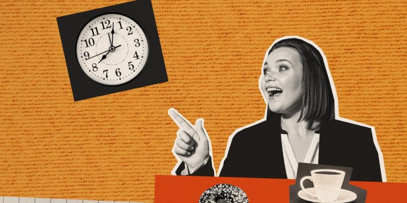 Composite,Photo,Collage,Of,Young,Happy,Girl,Secretary,Lunch,Break